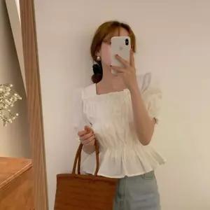 퍼프 셔링 크롭 반팔 블라우스 3color DK-0052 여성