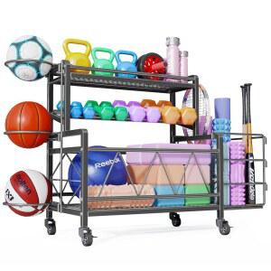 덤벨 랙, 덤벨용 웨이트 케틀벨용 대용량 홈 체육관 장비 보관함, 요가 매트, 폼 롤러 등을 바퀴와 후크가 있는 하나의 운동 보관함에 모두 포함됩니다