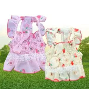 러블리 복숭아 플라워 프릴 리본 원피스 반려동물옷강아지ANS티셔츠 귀여운 스트라이프 중형견 애견 반팔