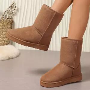 여성 겨울 방한 슈즈 부드러운 털 안감 캐주얼 부츠가죽앵글 배색클 통굽 플랫클 스웨이드 미들클 둥근코클