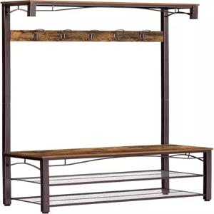 바사글 코트 랙 3-in-1 홀 트리 현관 신발 벤치 스탠드 보관 선반 액센트 가구 스틸 프레임 대형 사이즈