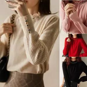 고급진 큐빅진주 반목니트여성스웨터 겨울 폴라 도톰 티셔츠