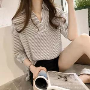 쉬폰 스트라이프 블라우스 줄무늬 고급 패턴 하객룩 데이트 쉬블라우스 프린트 셔츠 카라넥