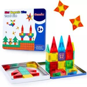Gemmicc 58 PCS 미니 마그네틱 타일 금속 보관함이 있는 여행용 자석 제작 장난감 남학생용 감각 몬테소리