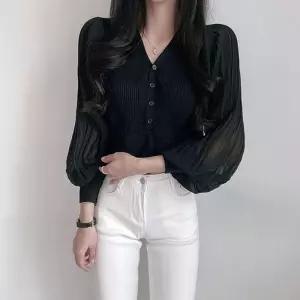 여성 퍼프소매 브이넥 니트 가디건간절기 블라우스 데일리 루즈핏 레이어드 얇은 시스루 봄가디건 가을 오