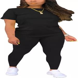 BNGPIKLY 여성용 투피스 트레이닝복 여름 운동 스트라이프 반팔 롱 스웨트 팬츠 캐주얼 조깅 라운지 세트