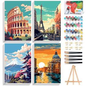 성인 초보자를 인치 위한 오피토 숫자 수채화 4팩 캔버스 액자 12 이젤 페인트 포함 성인용 나무 키트