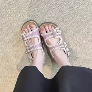 여자 빈티지 버전 샌들 통굽 스트랩 캐쥬얼 소프트 버클 로마슈즈 원 오픈토 가죽 MN 캔버스 위에 비치 OOT