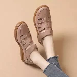 여친 하계 빈티지 소가죽 라운드 로마 MN 방지 샌들 폼 미끄럼 플랫 스트랩 펀칭 백 구멍 OOTD5