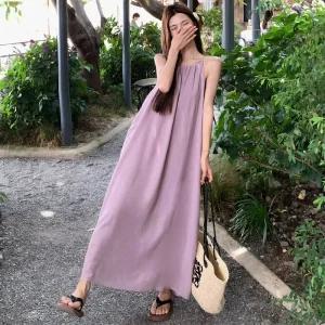 홀터넥 민소매 퍼플 롱 원피스 여성 바캉스 여름룩 나시 드레스 슬리브리스 빅사이즈 맥시 휴가 체형커버