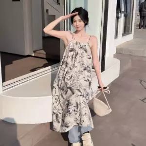 야자수 패턴 끈나시 롱 원피스 여성 여름 휴양지룩비치 플라워홀터 내추럴무드템 기장 소프트치핏 트렌디바