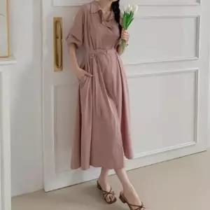 [신상오픈런]여성용 루즈핏 카라넥 벨트 원피스 반팔 롱 드레스 (36230336)