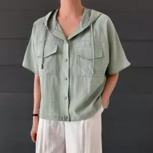 [신상오픈런]여성 미니멀 레이온 후드 반팔 셔츠 스트링 밑단 (33265446)