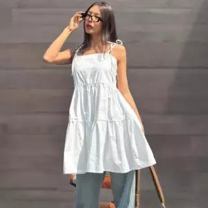 [신상오픈런]여성용 사랑스러운 여름 휴가 리본 스트랩 캉캉 미니드레스 (33265378)