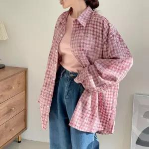 [신상오픈런]시스루셔츠 봄여름 긴팔 아우터 빅사이즈 체크남방 (30090576)