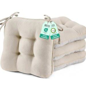 BETU 식탁 의자 쿠션 세트 4 3.5인치 두꺼운 주방 테이블 패드, 넥타이, 미끄럼 방지 등받이 및 커버, 식탁용 시트 쿠션, 바, 파티오 의자, 16인치 X16인치 X3.5인치, 베이지