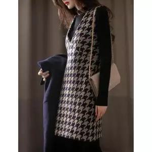 EAMT 여자 치마 원피스 모직 나시 체크 루즈핏 조끼 멜빵 우아한 브이넥 추동 YJ3