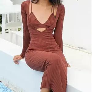 EAMT 치마 미디 니트 투피스 브이넥 슬림+깊은 긴팔 나시 봄가을 여자투피스 YJ3