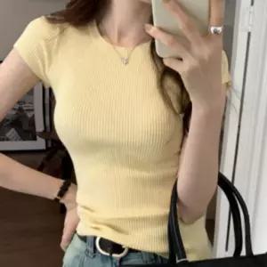여성 슬림 골지 니트 반팔티 라운드넥 캡소매 티셔츠 여자 레이어드 반팔 여름 카라 스타일