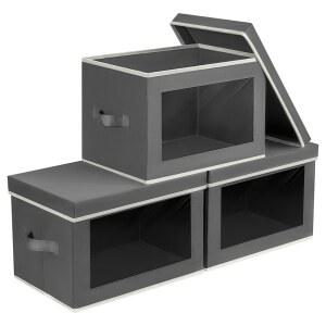 뚜껑이 있는 홈소루트 보관함 - 장식용 책 정리함 3팩 보관함 옷장 뚜껑이 수건 보관함 옷 있는 패브릭 그레이 및 창문이 있는 다크 접이식