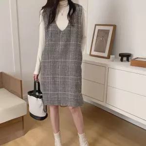 체크 민소매 H라인 원피스 LL-D135가을 귀여운 레이어드 레이어드룩 브이넥 무지 셔링 미니