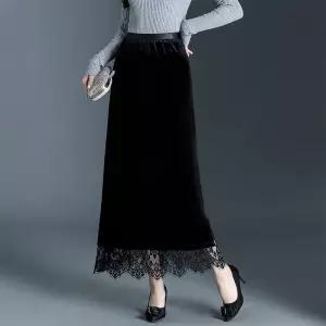 치마 롱 검정 가을 레이스 랩 H라인 슬림핏 일자 벨벳 여자스커트 A라인 하이웨스트 원템3