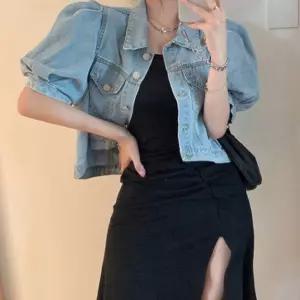 여성 짧은 크롭 스타일 벌룬 소매 패션 데님 자켓여자세미 여름 트위드 여자숏 반팔 하프 린넨 오버핏 여자