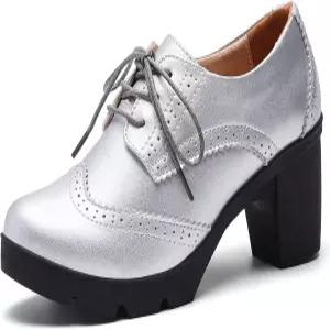 다다웬 여성용 가죽 클래식 레이스 업 플랫폼 청키 미드 힐 스퀘어 토 옥스퍼드 드레스 펌프 슈즈