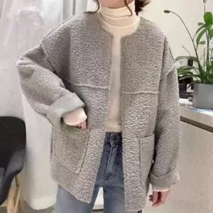 심플 루즈핏 뽀글이 양털 가디건 자켓 노카라 버튼여성아우터 퍼자 후드집업 크롭 라이더 중청 아락 트위드