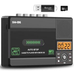 세미에 소형 카세트 테이프 플레이어, USB C 또는 SD 카드 오디오 카세트에서 MP3 디지털 컨버터로, 마이크, 라우드 스피커, 헤드폰 잭, 타입 I 테이프용 16GB 카드를 통해 카세트/컴퓨터/SD 카드로 녹음합니다