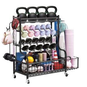 HIEE 덤벨 랙, 케틀벨용 웨이트 요가 및 운동 장비 보관 홀더, 바퀴, 후크 메쉬 탑이 있는 홈 짐