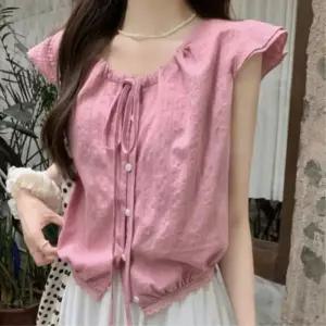 [신상오픈런]여성 리본 장식 프릴 캡소매 셔링 블라우스 (39181258)