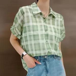 [신상오픈런]여성 체크 시스루 반팔 블라우스 린넨 여름 셔츠 (39139725)