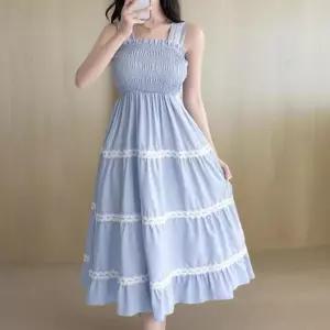 [신상오픈런]여성 스모크 밴딩 레이스 캉캉 롱 드레스 (39139210)