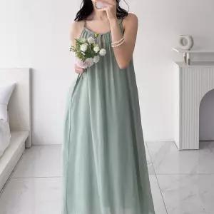 [다잇템]여성 캐미 민트 롱 홀터네크 슬릿 시폰 원피스 (31605971A)