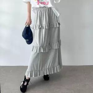 [다잇템]여자 무채색 고무줄 티어드 프릴 롱스커트 (37558714A)