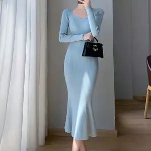 하트넥 슬림핏 니트원피스 세로 골지 머메이드 스커트