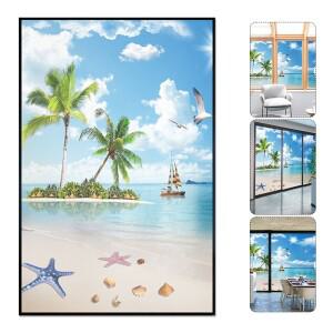 3D 풍경 창문 필름 홈 데코, 여름 바다 해변 스테인드 문짝 유리 스티커, 차광 정전기 무광