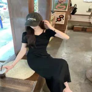 여자 여름 시크 꾸안꾸 블랙 트임 셔링 슬림 롱원피스