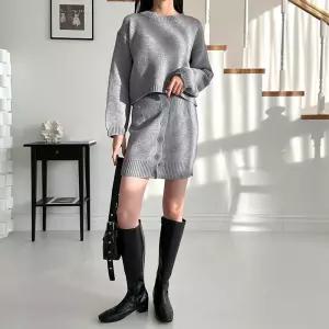 여성 섹시한 데일리 버튼 미니스커트 니트 투피스세트