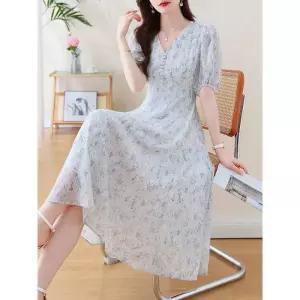 와칸다 여성 여친 원피스 쉬폰 여름 브이넥 해변 바캉스 롱스커트 KKE1