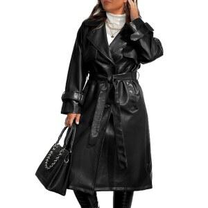 게샬리노 여성 인조 오버코트 벨트 가죽 재킷 롱 사이즈 라펠 클래식 트렌치코트 플러스 모터사이클