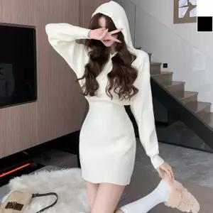 골지 니트 미니 후드 원피스 1P 봄가을 데일리 치마