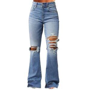 플라밍갈스 여성 컷 라이즈 디스티드 데님 벨 아웃 바텀 미드 찢어진 부츠컷 진 플레어 신축성 청바지