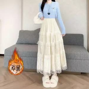 EAMT 치마 롱 여성용 기모 중기장 우산 A라인 도톰 영상 케이크 레이스 YJ1