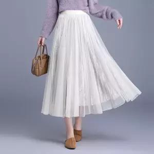 EAMT 여친 스커트 롱 망사 가을 플리츠 양면 A라인 YJ3