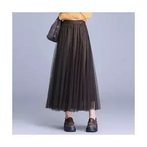 EAMT 여성 양면 망사 A라인 스커트 가을 캐주얼 롱 플리츠 통근사 YJ3