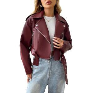 LY VAREY 벨트 모터 바이커 LIN 코트 여성 가죽 크롭 재킷 인조