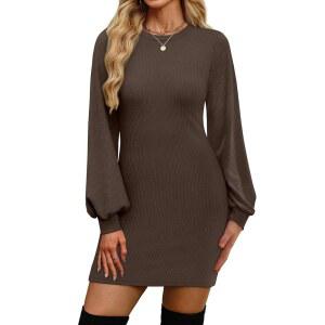 가을 여성 플리스 겨울 패션 골지 풀오버 의류 드레스 바디콘 퍼프 OFEEFAN 스웨터 긴팔 크루넥