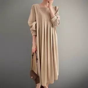 [신상오픈런]여성용 스퀘어넥 플리츠 골덴 퍼프 롱 원피스 빅사이즈 (41992494)